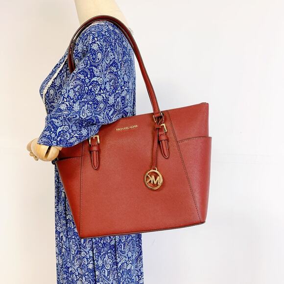 Michael Kors Handbags - Michael Kors 35T0GCFT7L Charlotte Large Saffiano Leather Tote Bag IN DARK CHERRY